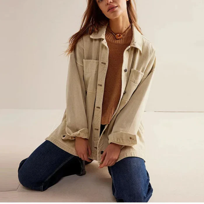 Women’s Oversized Button Front Jacket with Chest Pockets and Long Sleeves