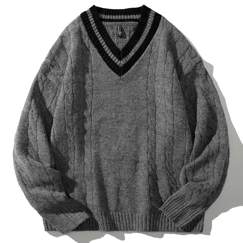 Men's Cable Knit Sweater - V-Neck Pullover with Contrast Stripe Tipping Detail