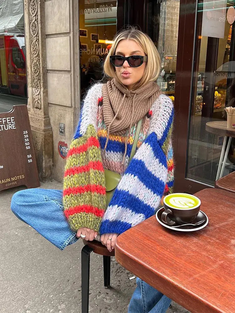 Women's Chunky Knit Jumper - Oversized - Multicolour Stripe - Crew Neck - Batwing Sleeve