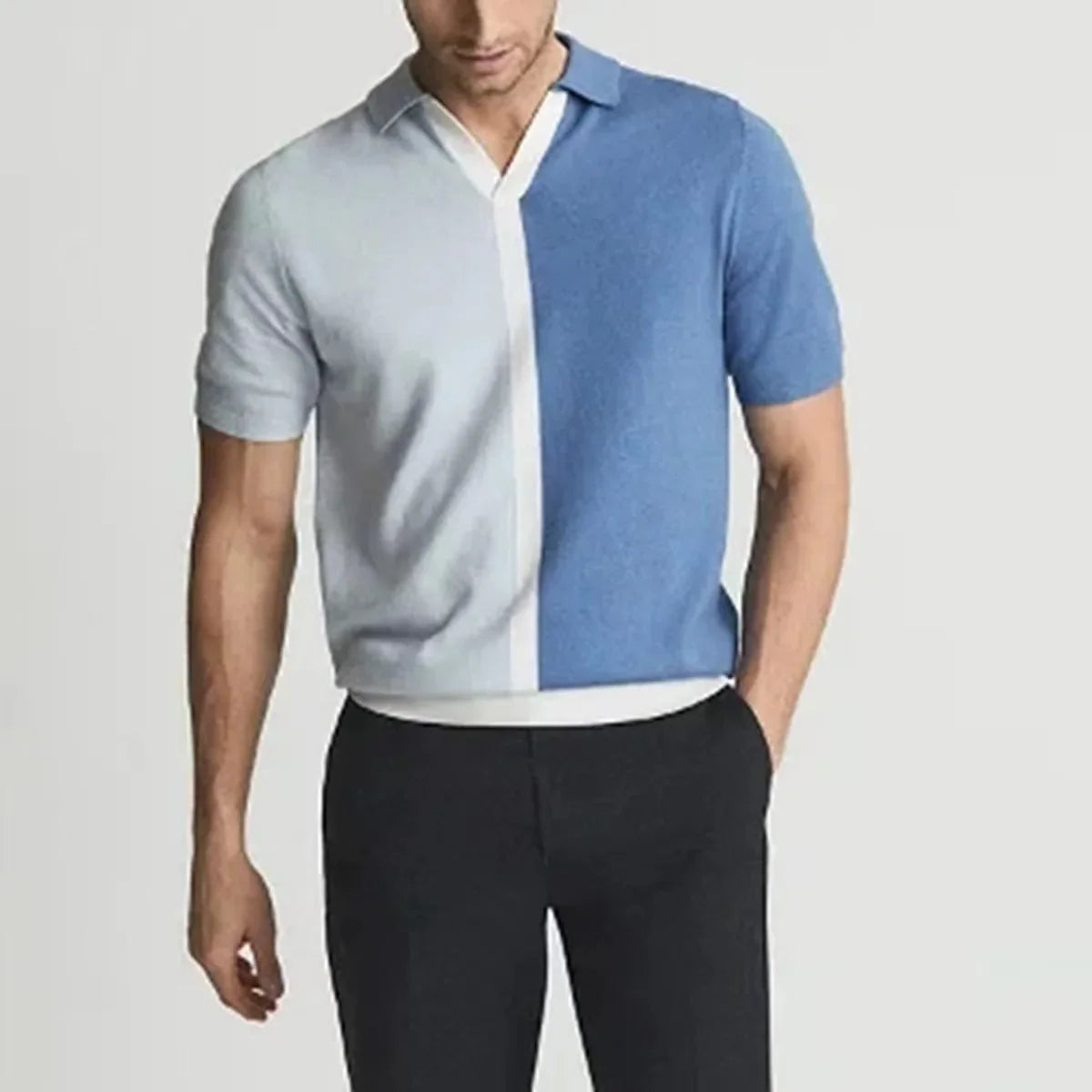 Men's Blue Knit Polo Shirt - Colour Block V-Neck Short Sleeve