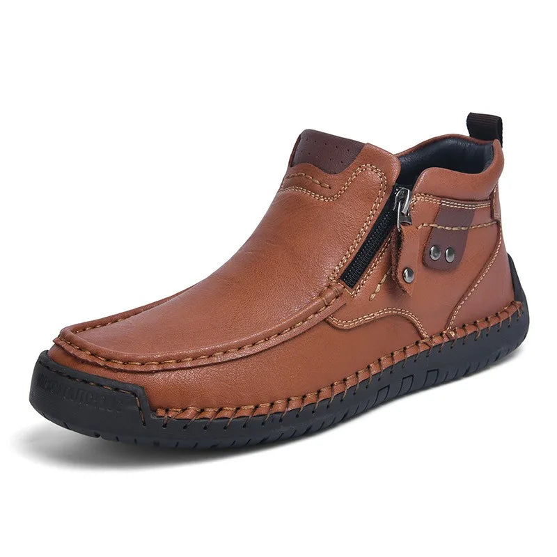 Men's Ankle Boots with Side Zip - Contrast Stitch Detail - Chunky Rubber Sole - Casual Style