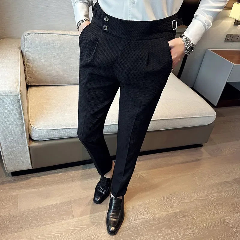 Men's Dress Pants - High Waist Slim Fit with Double Button Closure - Pleated Front