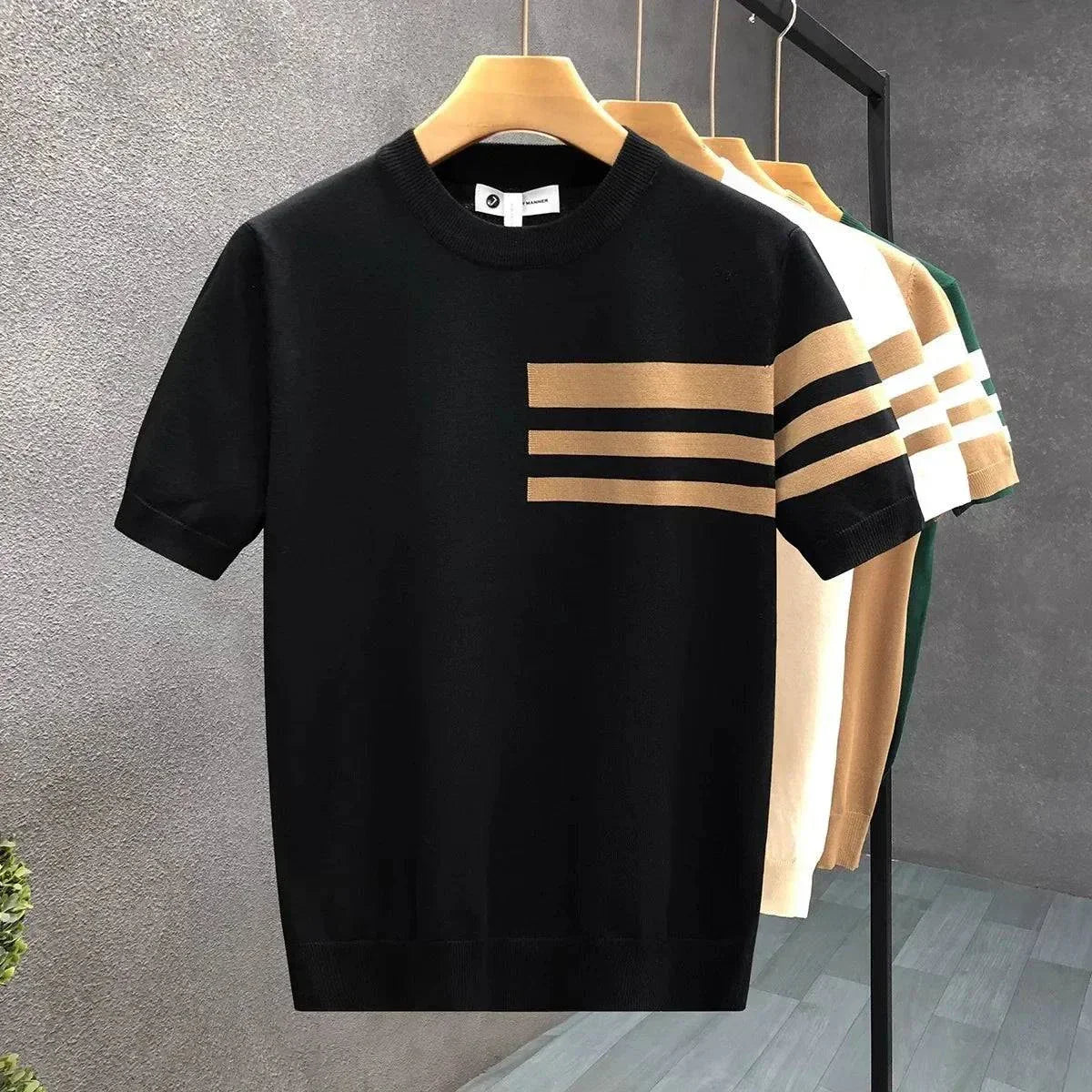 Men's Short Sleeve Knit Jumper - Crew Neck Contrast Stripe Panel