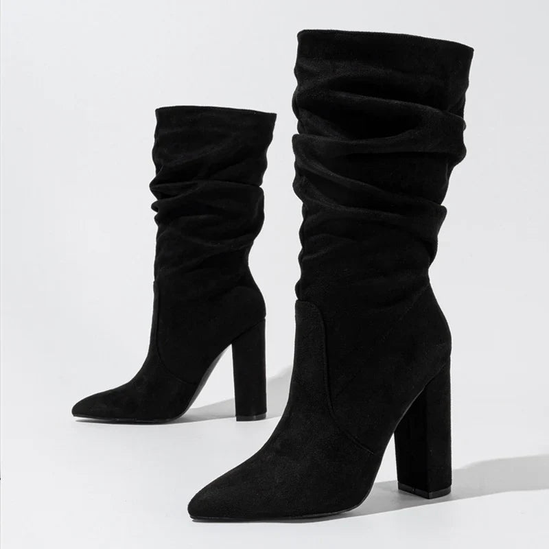 Women’s Knee High Pointed Toe Boots with Chunky Block Heel and Ruched Shaft