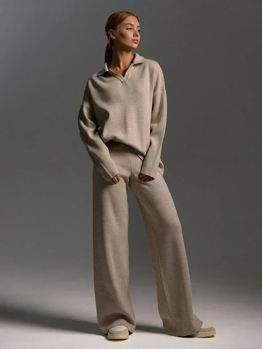 Women’s Collared Knit Lounge Set – Relaxed Pullover & Straight-Leg Trousers