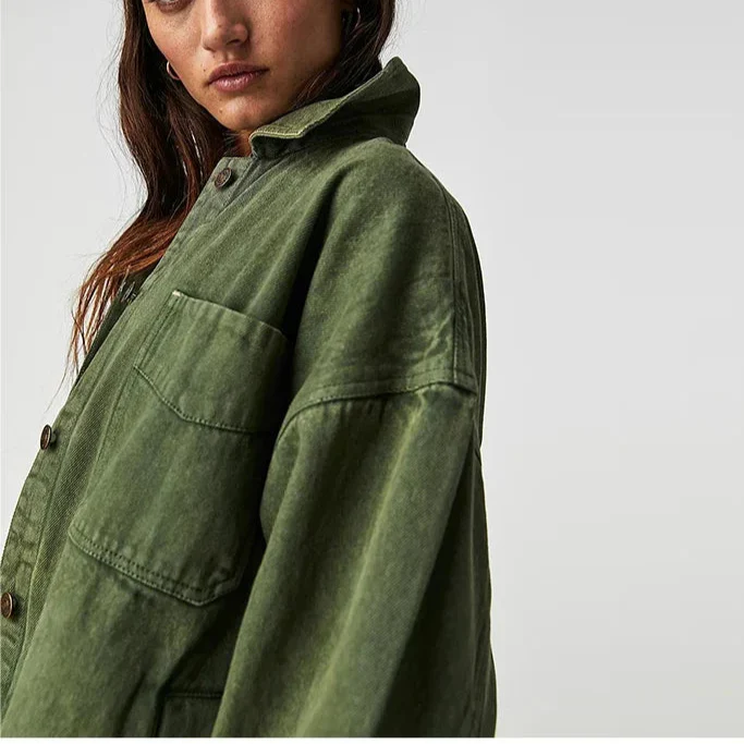 Women’s Oversized Button Front Jacket with Chest Pockets and Long Sleeves