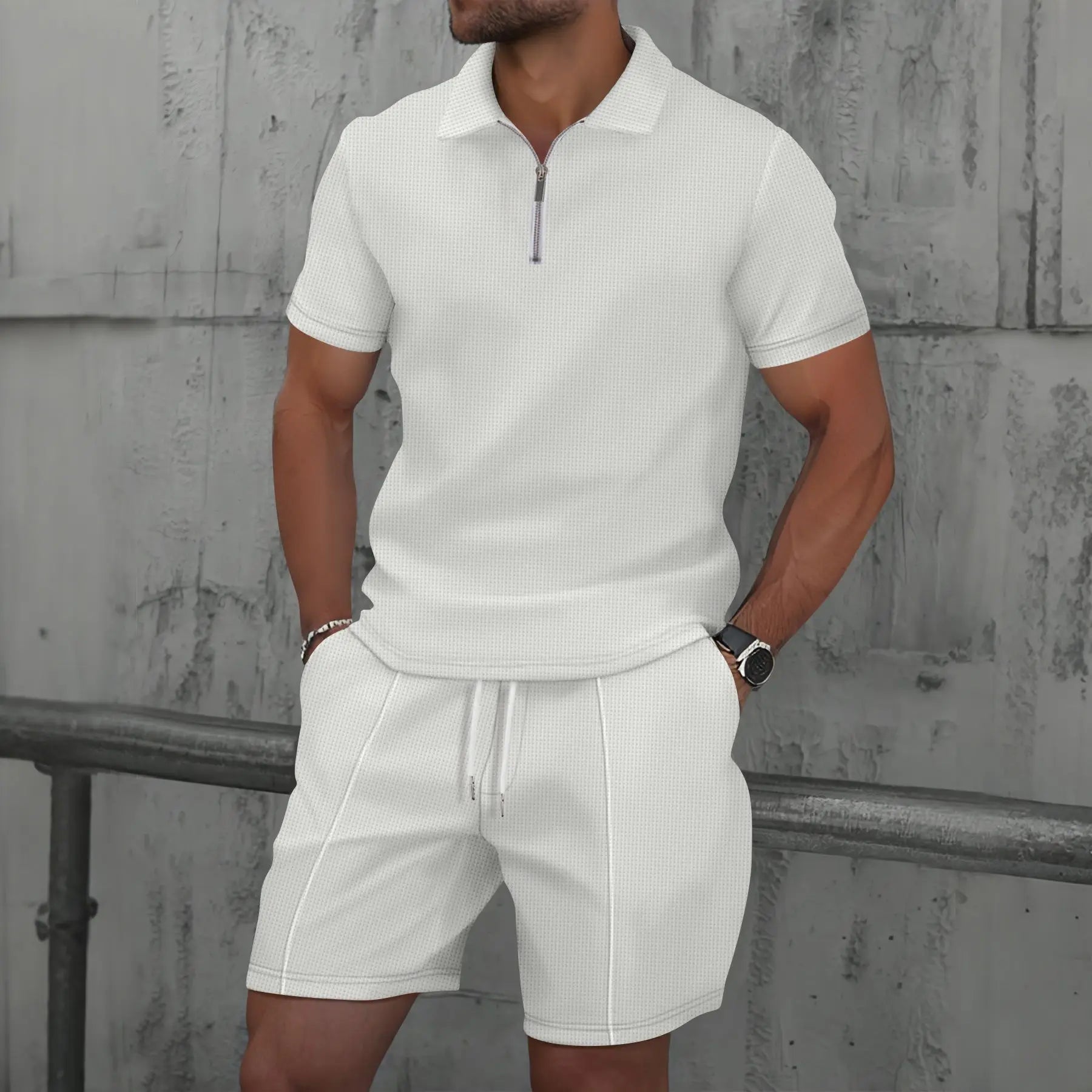 Men’s Short Sleeve Polo Shirt and Shorts Set with Zip Neck and Drawstring Waist