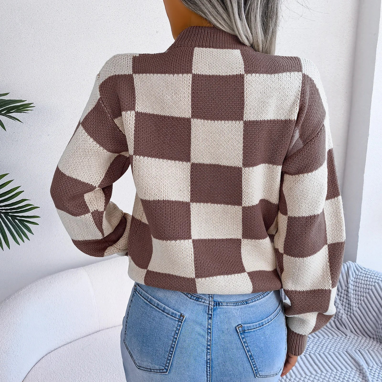 Women’s Jumper – Crew Neck Long Sleeve Checkered Knit with Ribbed Cuffs and Hem