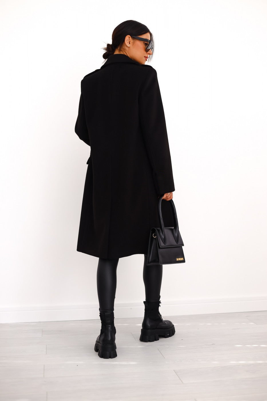 Women's Longline Double Breasted Coat - Notched Lapel - Gold Button - Side Slit