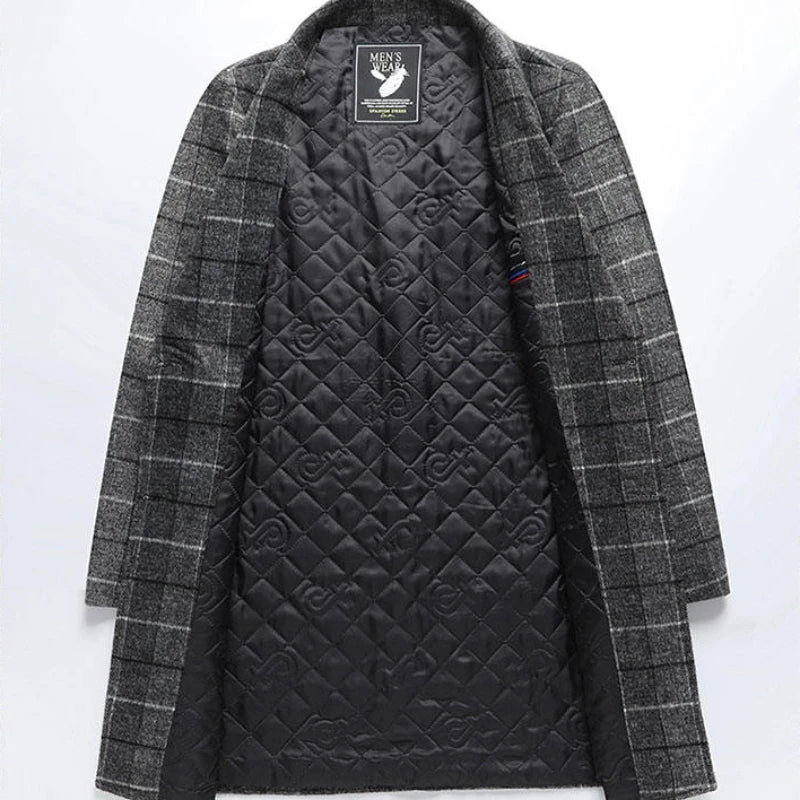 Men’s Mid Length Plaid Coat – Button Front Business Casual Overcoat with Notched Lapel