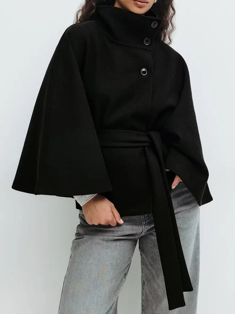Women’s High Neck Cape Coat with Button Front Closure and Waist Tie Belt