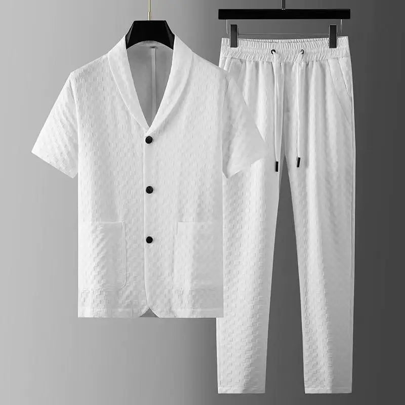 Men's Two Piece Set - Shawl Collar Shirt and Drawstring Pants