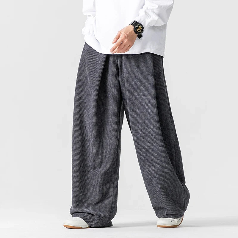 Men's Wide Leg Pants - Pleated Elasticated Waist with Button Closure