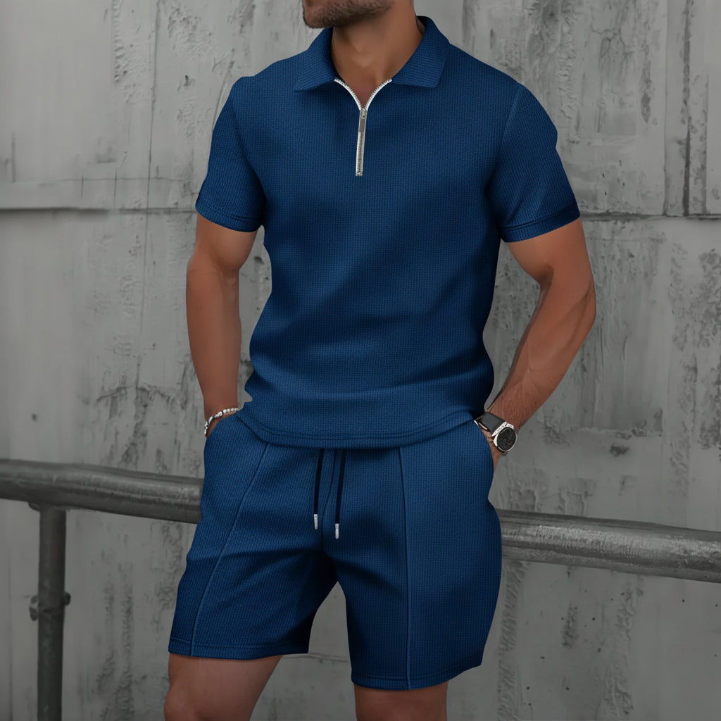 Men’s Short Sleeve Polo Shirt and Shorts Set with Zip Neck and Drawstring Waist