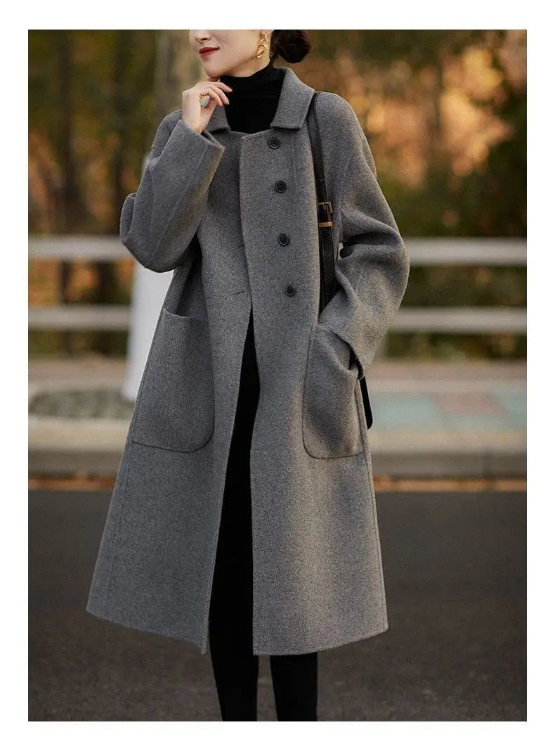 Women’s Double Breasted Mid Length Coat with Notched Collar and Patch Pockets
