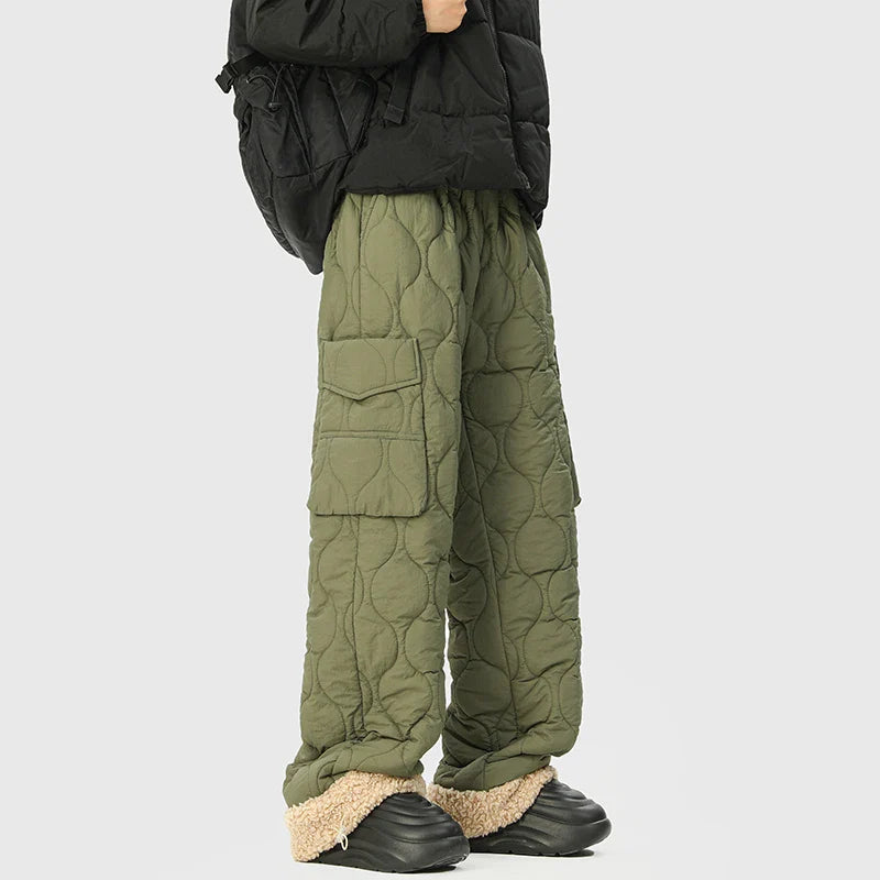 Women's Quilted Cargo Pants with Elastic Waist and Flap Pocket Detail