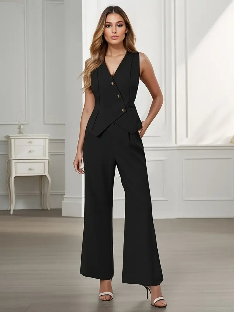 Women's Two Piece Set - Vest and Wide Leg Pants - Asymmetric Hem