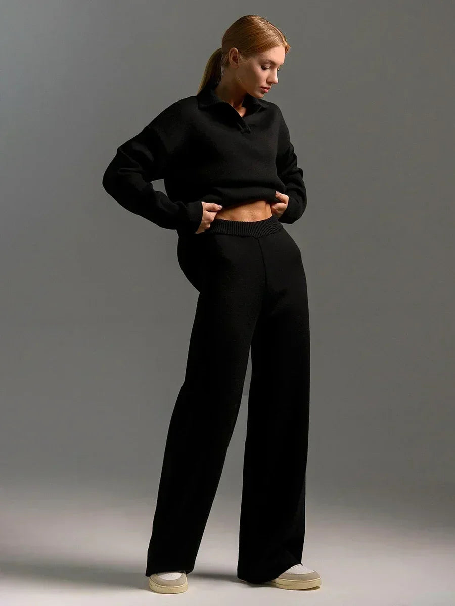 Women’s Collared Knit Lounge Set – Relaxed Pullover & Straight-Leg Trousers