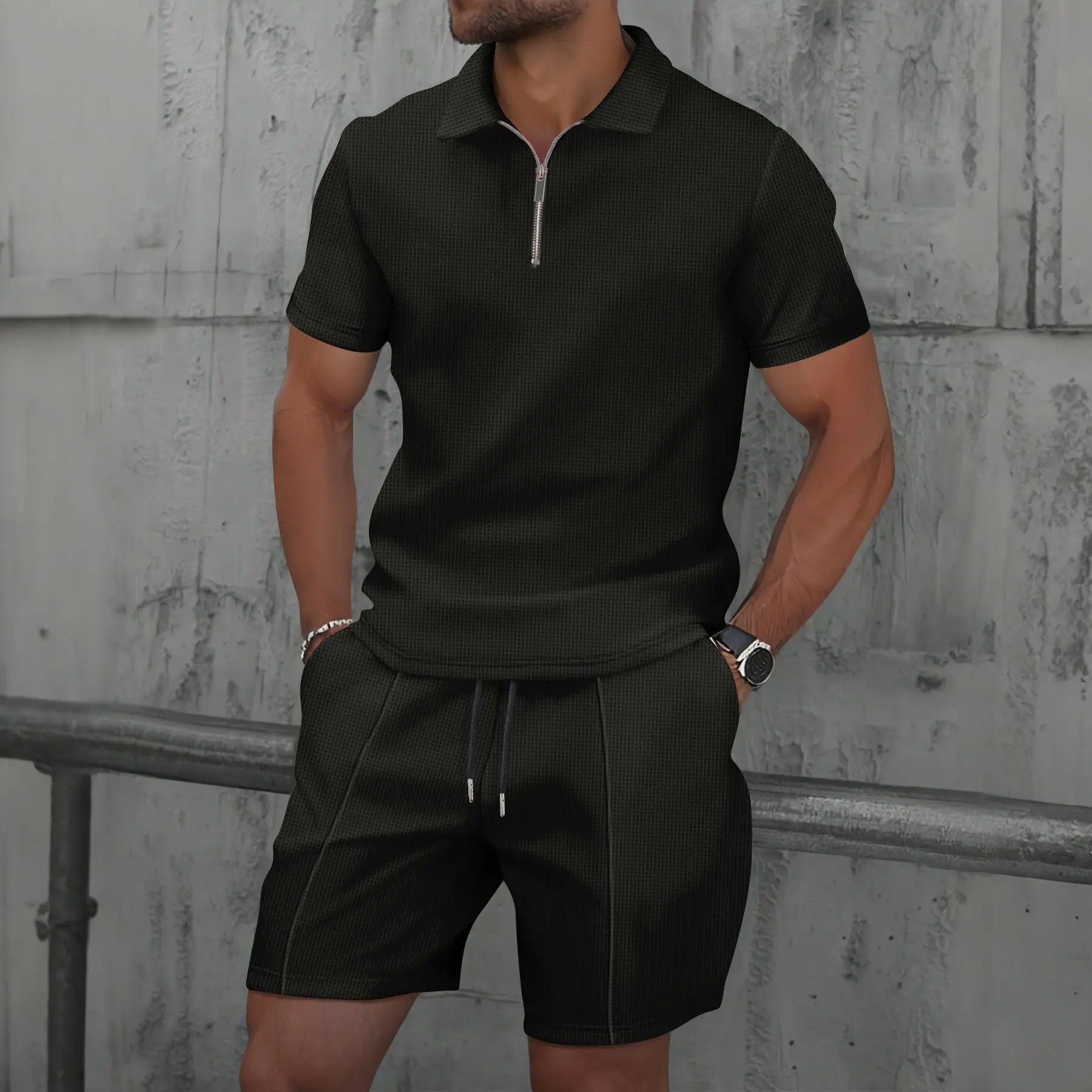 Men’s Short Sleeve Polo Shirt and Shorts Set with Zip Neck and Drawstring Waist