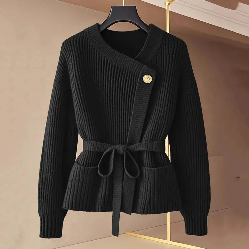 Women's Knit Jumper - Asymmetric Neckline with Gold Button Detail and Self-Tie Waist Belt
