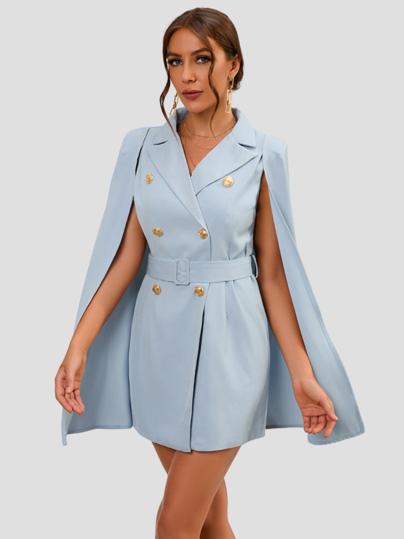 Women's Blazer Mini Dress - Double Breasted Cape Sleeve Notch Lapel Gold Button