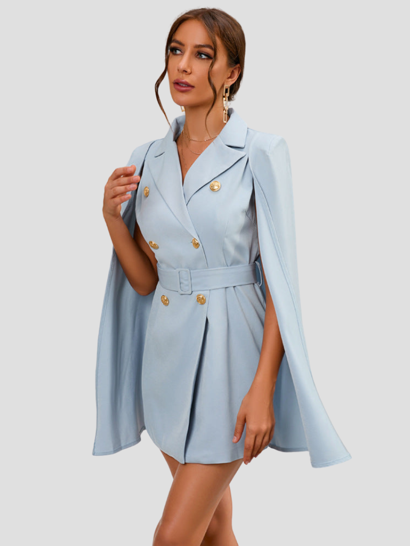 Women's Blazer Mini Dress - Double Breasted Cape Sleeve Notch Lapel Gold Button