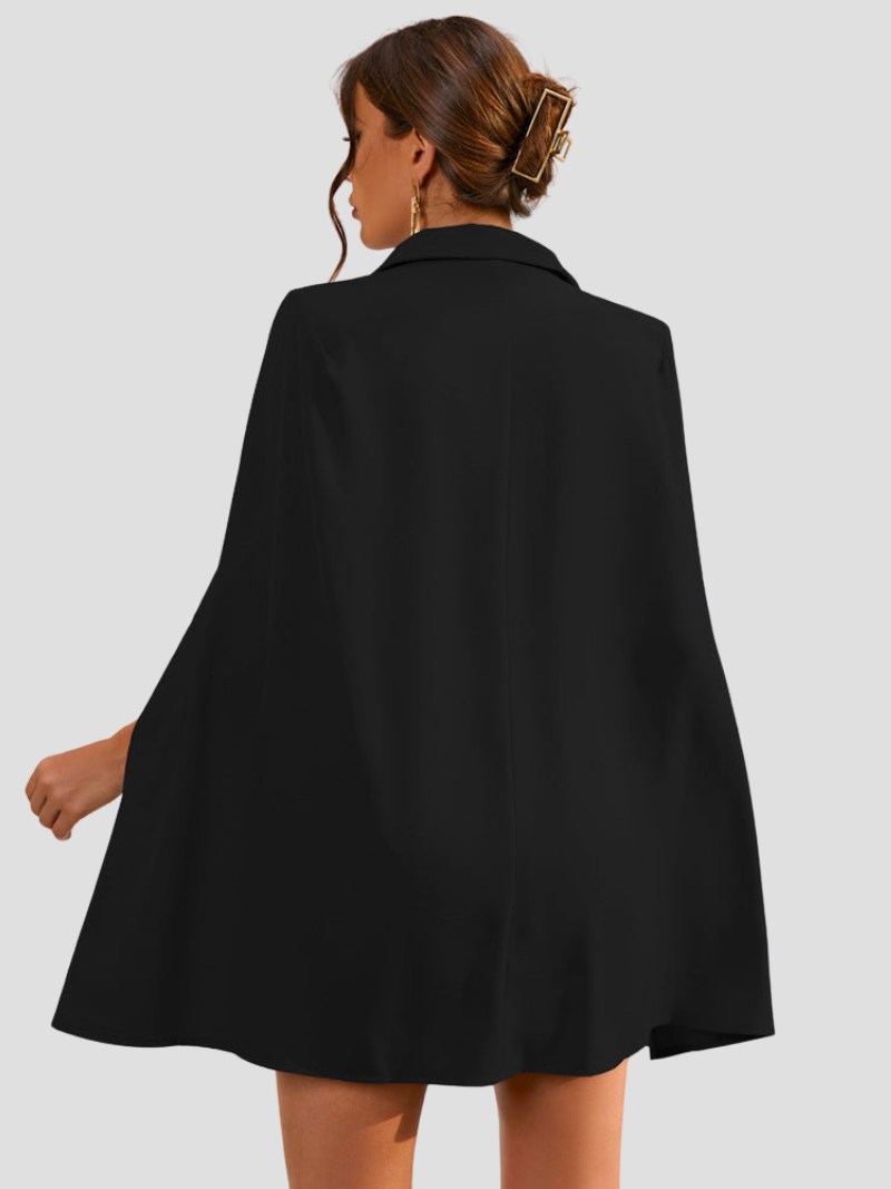Women's Blazer Mini Dress - Double Breasted Cape Sleeve Notch Lapel Gold Button