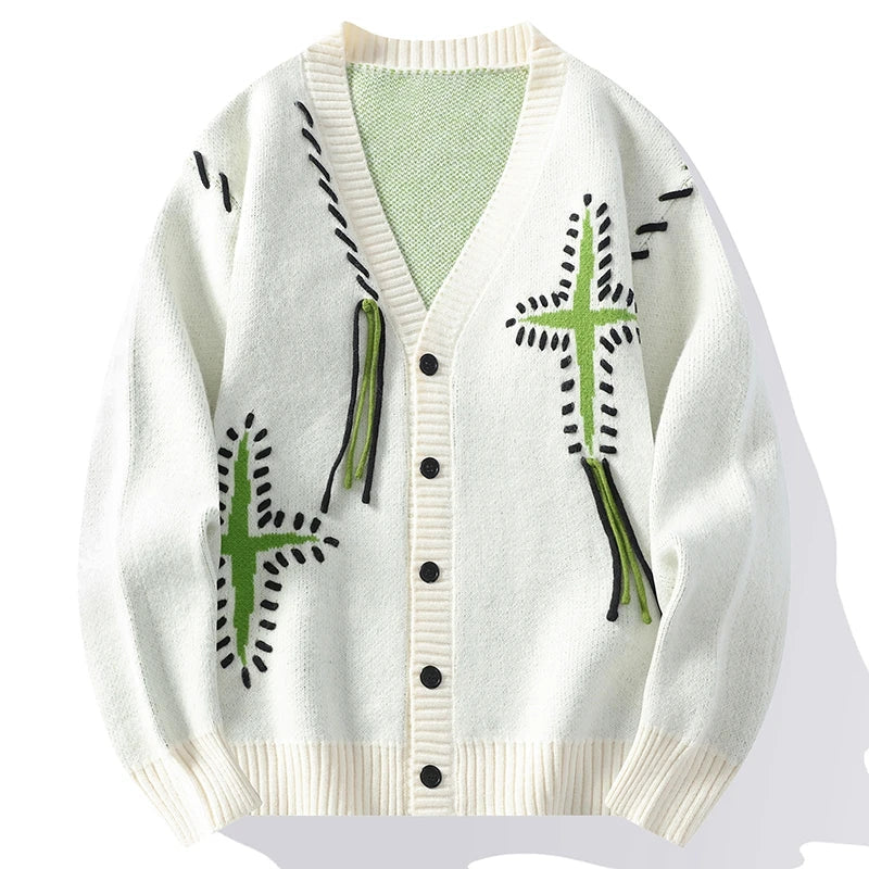 Men's Cardigan - Oversized V-Neck Button Front Knit with Embroidered Detail