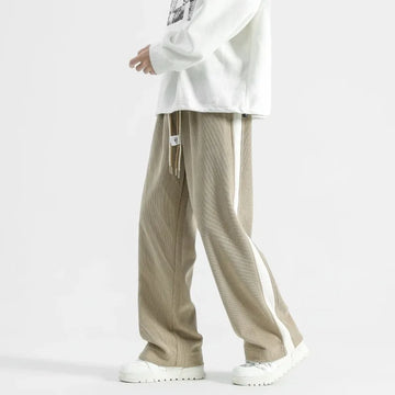 Men's Wide Leg Ribbed Pants with Side Stripe - Drawstring Waist - Full Length Casual Style