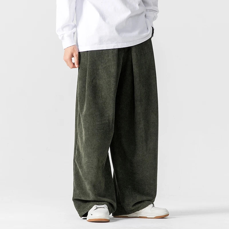 Men's Wide Leg Pants - Pleated Elasticated Waist with Button Closure