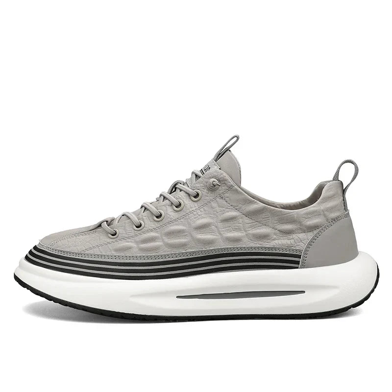 Men's Casual Sneakers - Lace-Up Embossed Upper with Chunky Platform Sole and Stripe Midsole Detail