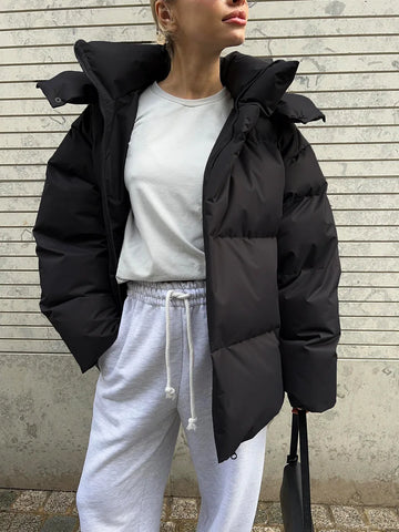 Women’s Puffer Jacket – Oversized Hooded Zip Front Coat with Padded Construction