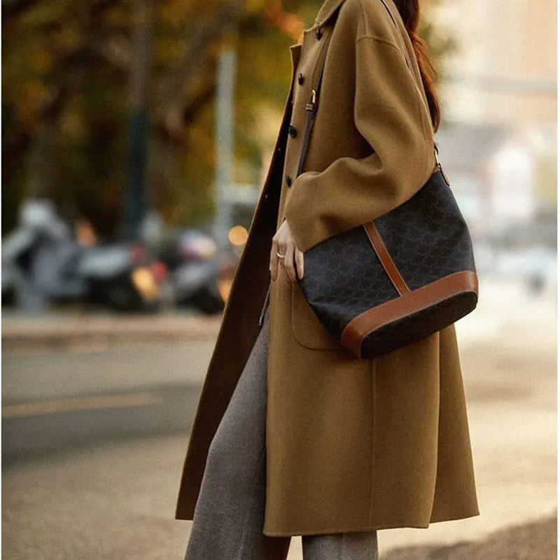 Women’s Double Breasted Mid Length Coat with Notched Collar and Patch Pockets