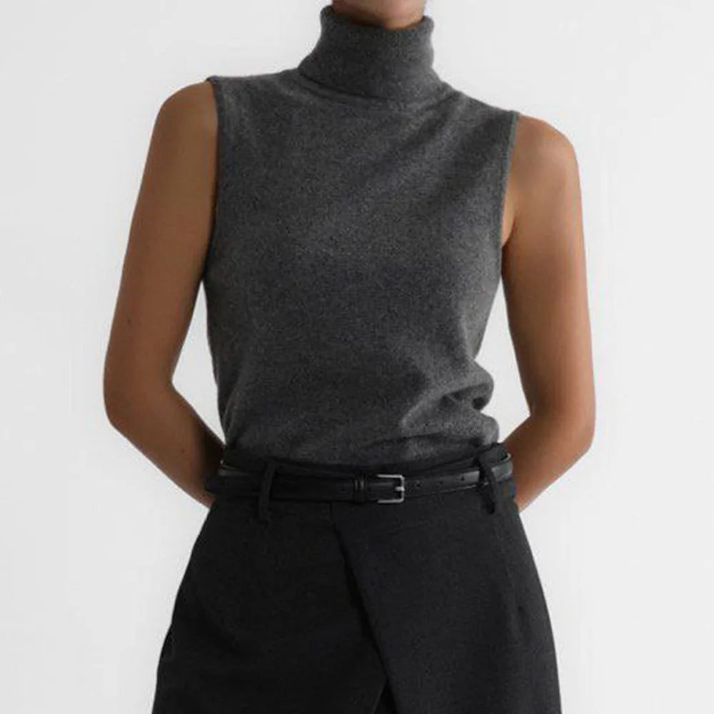 Women’s Sleeveless High Neck Knitted Vest with Ribbed Hem and Fitted Silhouette