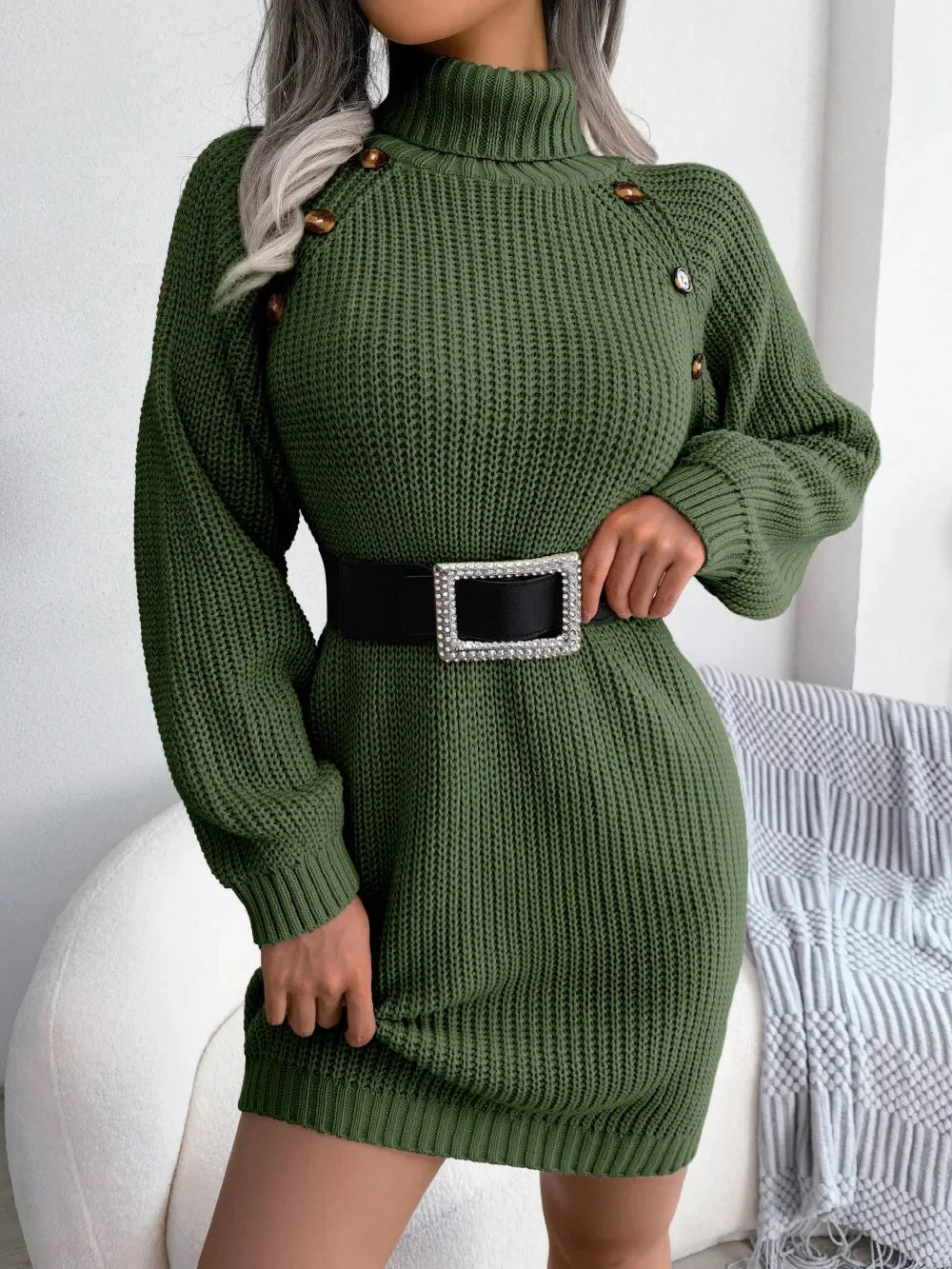 Women’s Knit Mini Dress – Turtleneck Long Sleeve Ribbed Jumper Dress with Button Detail