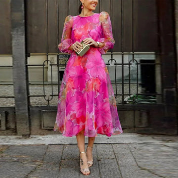 Women's Floral Midi Dress - Long Puff Sleeve Round Neck