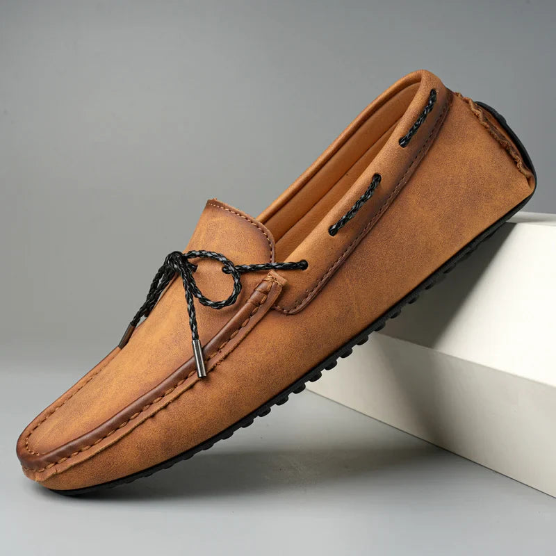 Men's Loafers - Slip On Moccasin with Braided Tie Detail and Rubber Sole