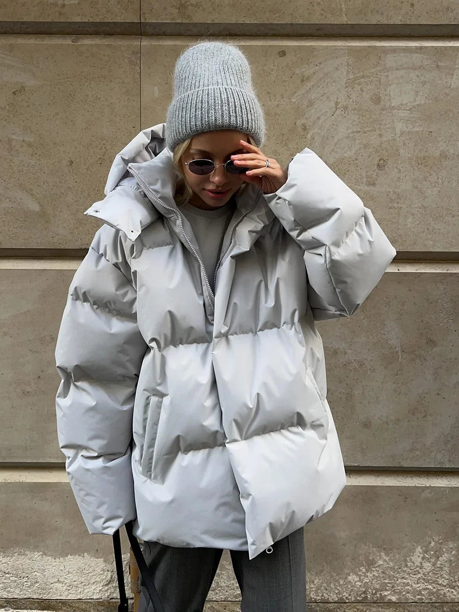 Women’s Puffer Jacket – Oversized Hooded Zip Front Coat with Padded Construction