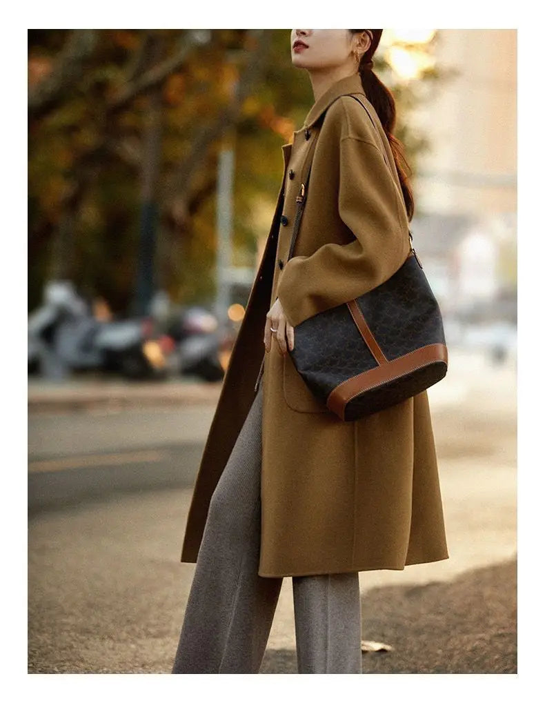 Women’s Double Breasted Mid Length Coat with Notched Collar and Patch Pockets