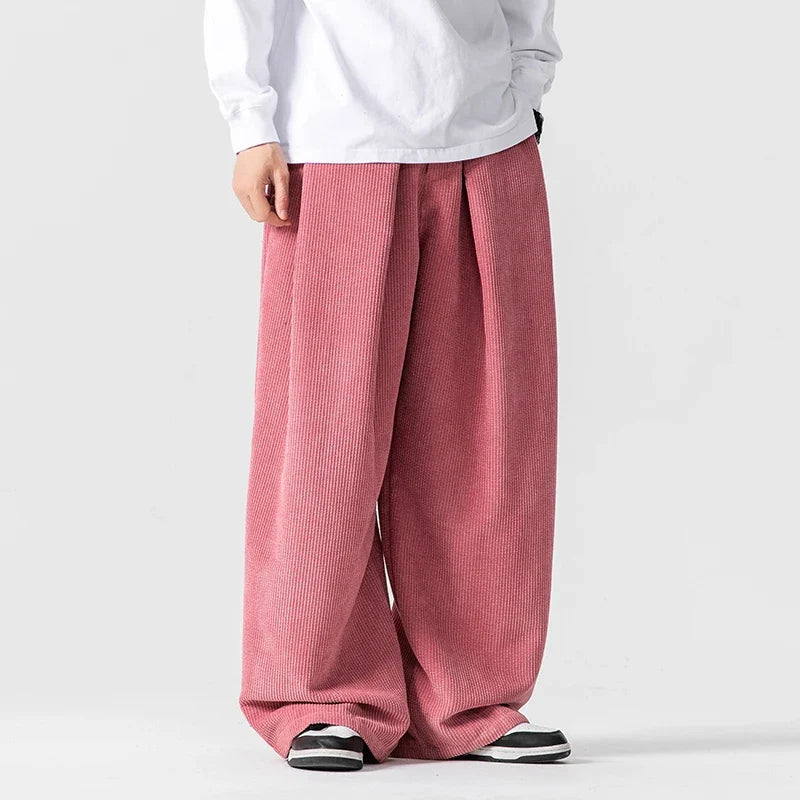 Men's Wide Leg Pants - Pleated Elasticated Waist with Button Closure