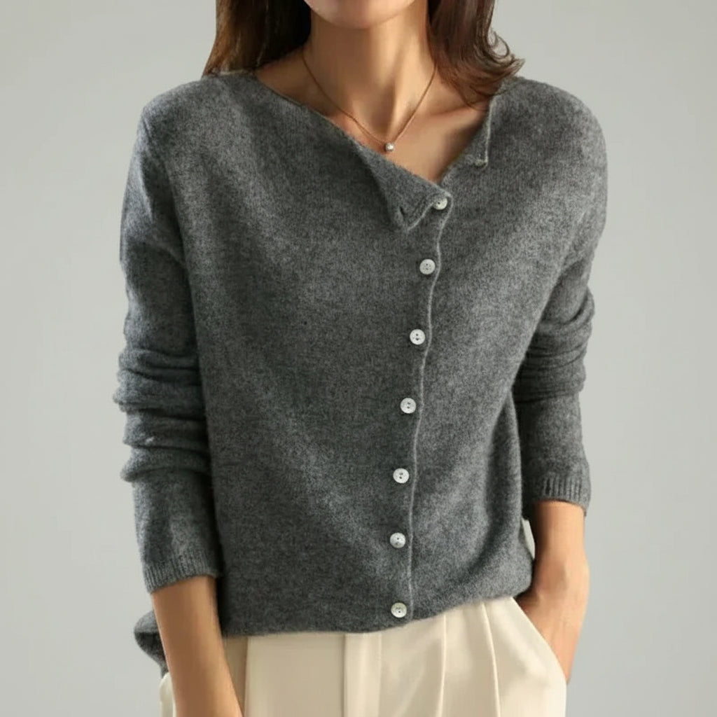 Women’s Asymmetric Button Front Knitted Cardigan Jumper with Long Sleeves and Folded Collar Detail