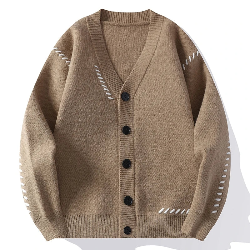 Men's Cardigan - V-Neck Button Front Knit with Contrast Stitch Detail