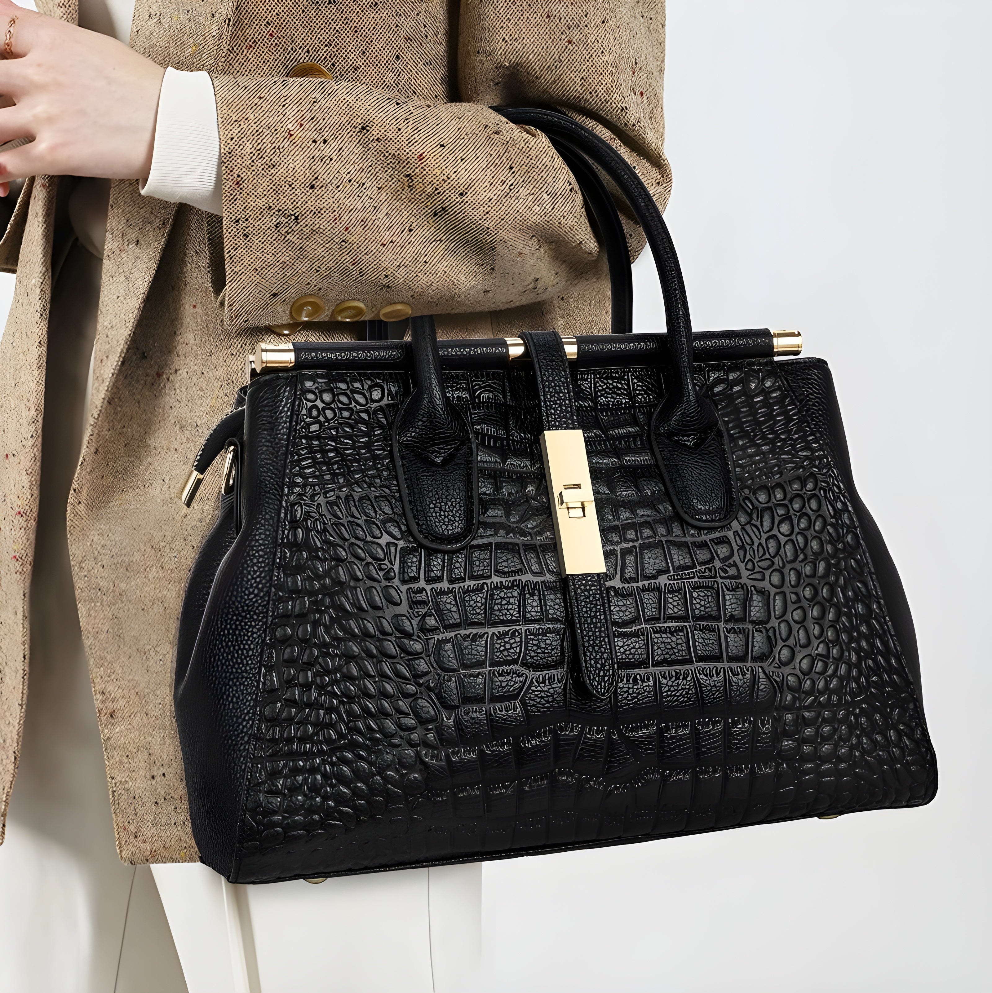 Women’s Croc Pattern Handbag with Top Handles and Gold Lock Detail
