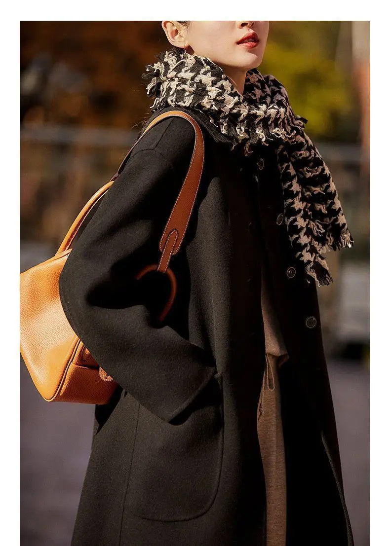 Women’s Double Breasted Mid Length Coat with Notched Collar and Patch Pockets