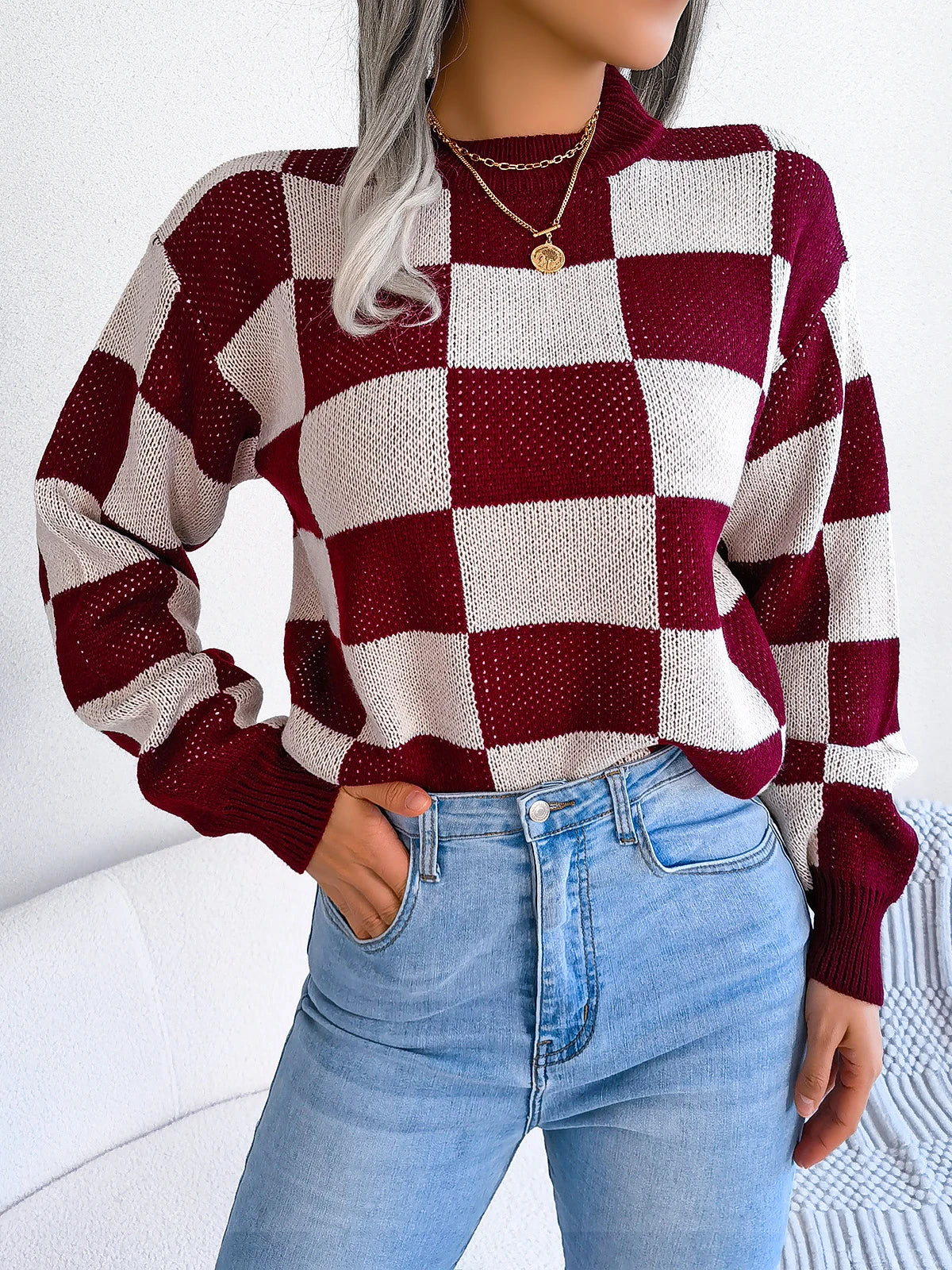 Women’s Jumper – Crew Neck Long Sleeve Checkered Knit with Ribbed Cuffs and Hem