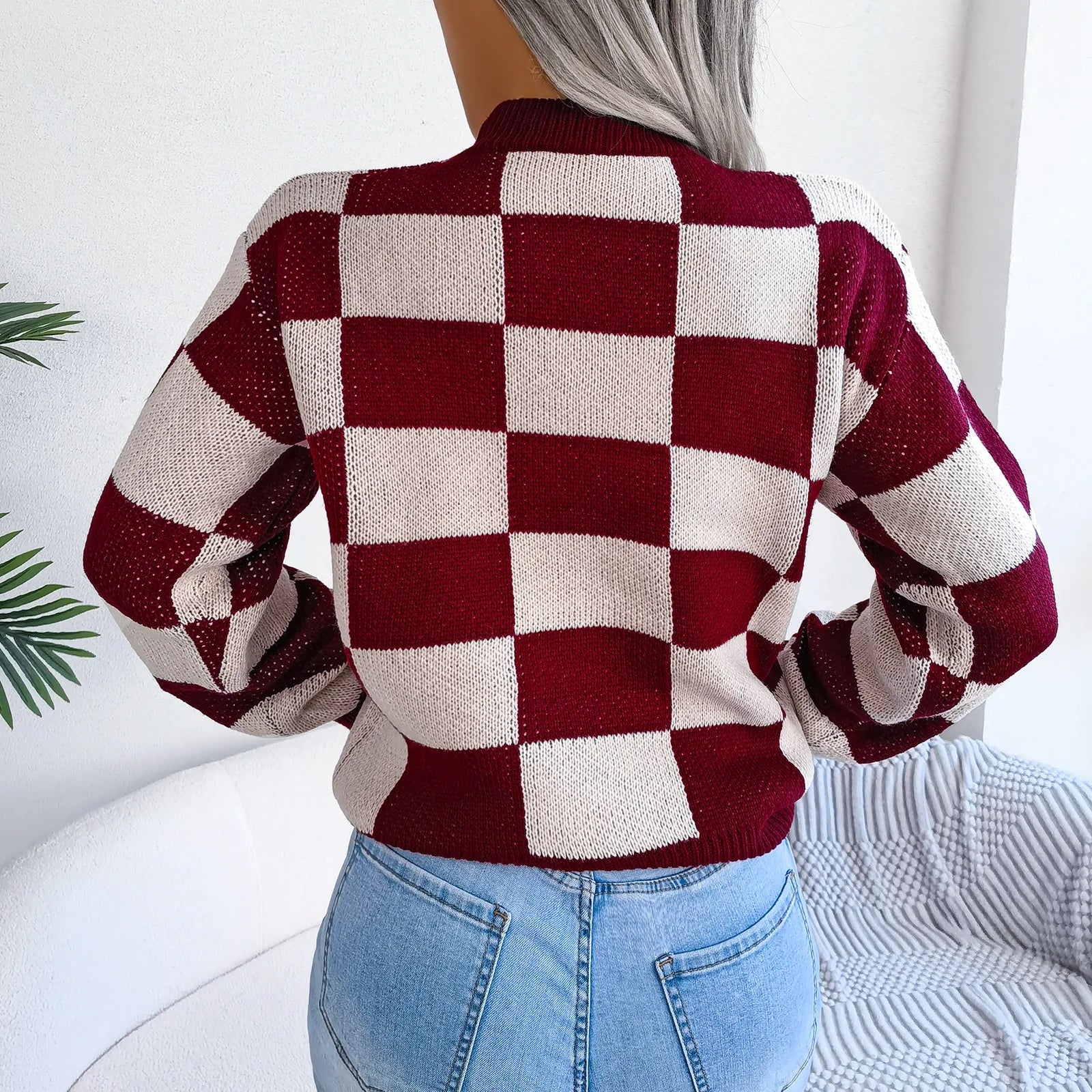 Women’s Jumper – Crew Neck Long Sleeve Checkered Knit with Ribbed Cuffs and Hem