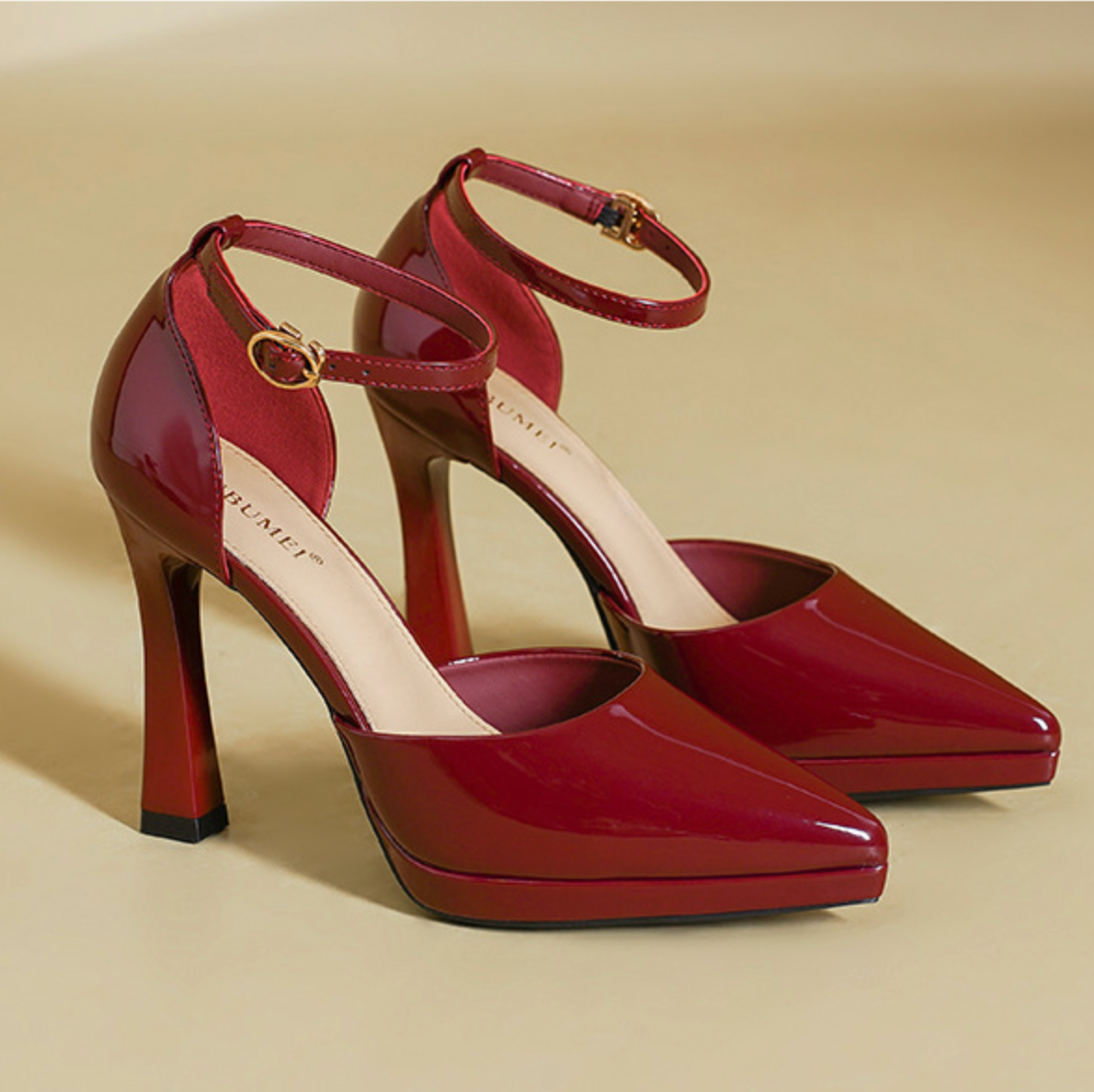 Women's Patent Leather Pointed Toe Ankle Strap Block Heels
