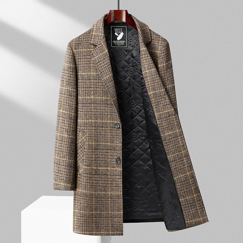 Men’s Mid Length Plaid Coat – Button Front Business Casual Overcoat with Notched Lapel