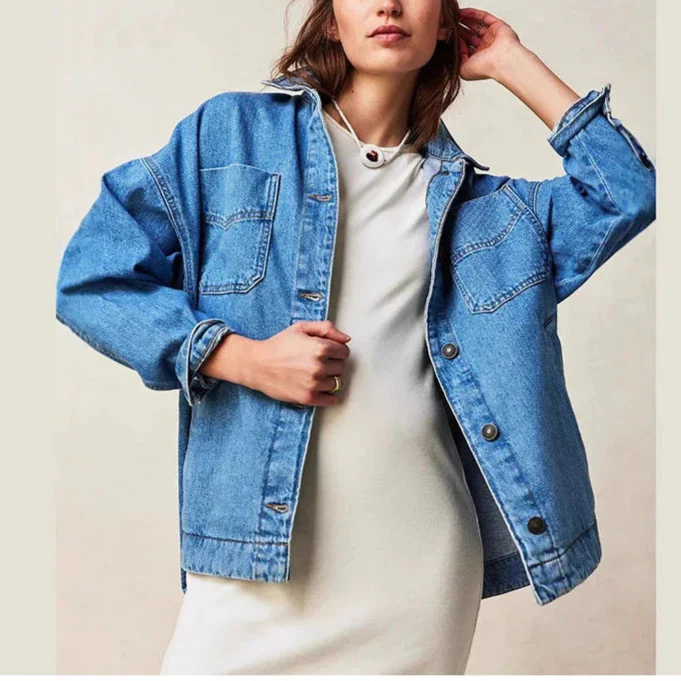 Women’s Oversized Button Front Jacket with Chest Pockets and Long Sleeves