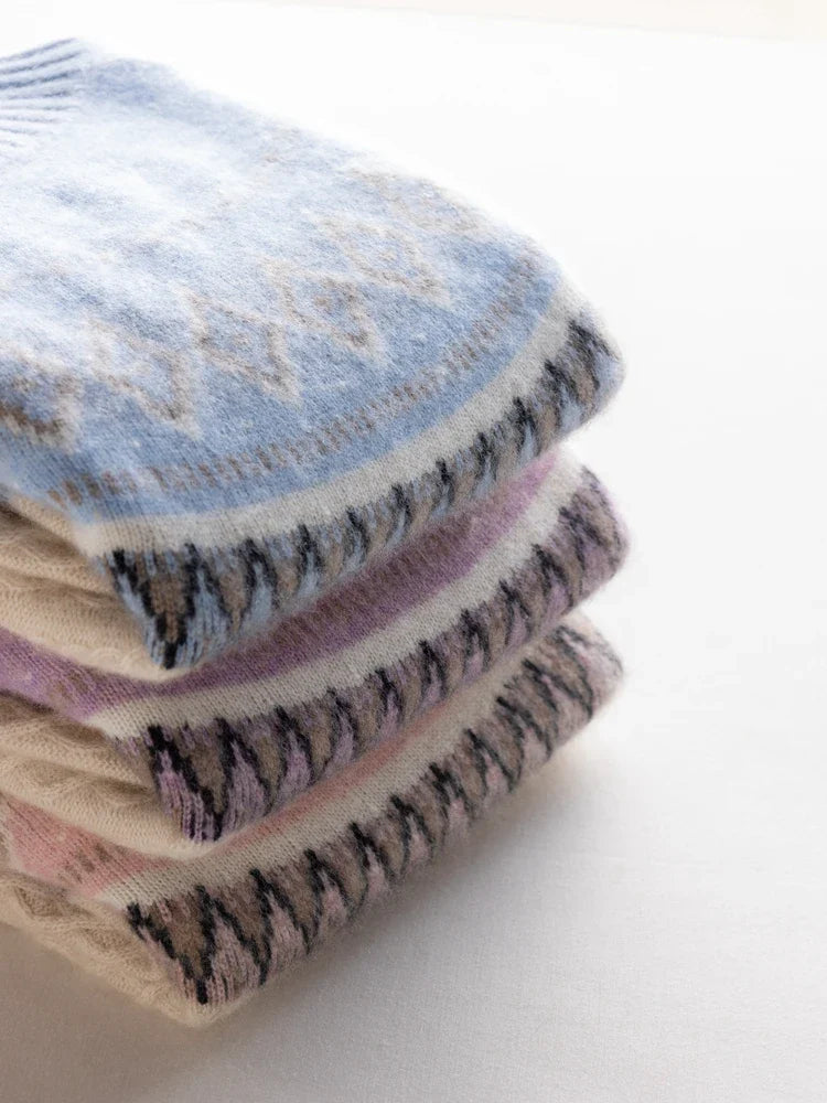 Women’s Jacquard High Neck Knitted Wool Jumper with Patterned Yoke and Ribbed Cuffs